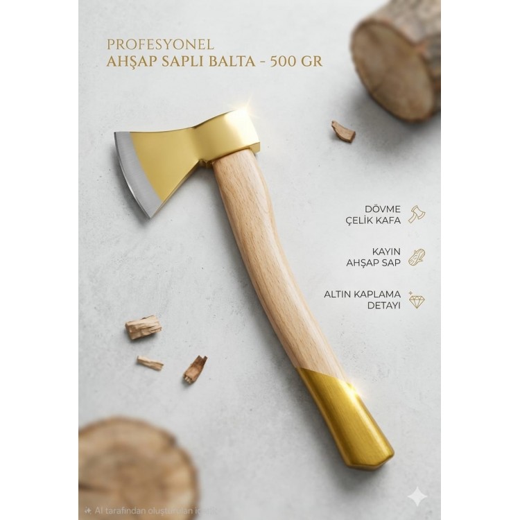 Altın Detaylı Profesyonel Kayın Saplı Balta - 500 Gr