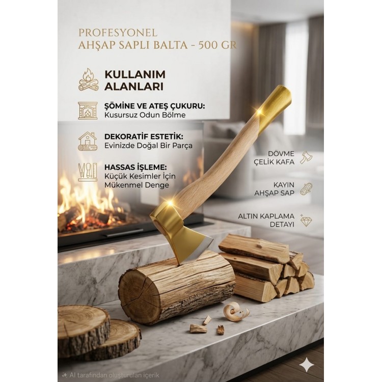 Altın Detaylı Profesyonel Kayın Saplı Balta - 500 Gr